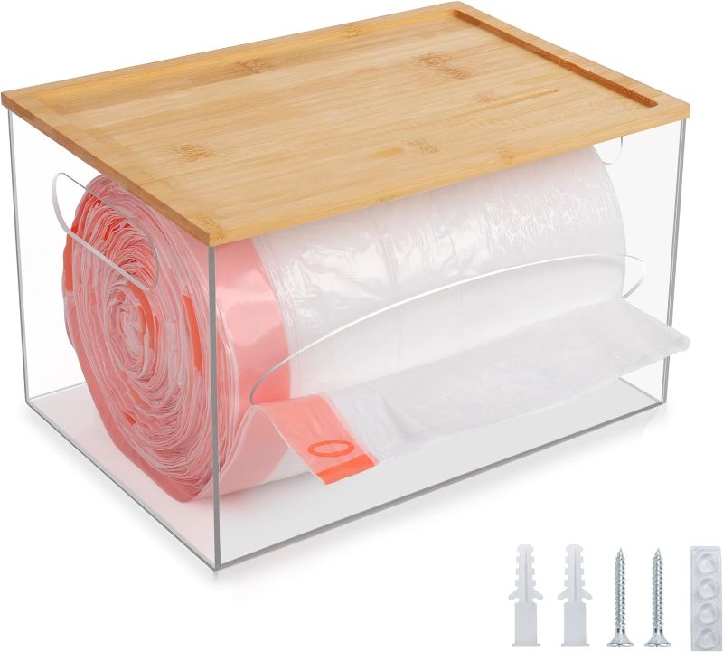 Photo 1 of ***USED - DAMAGED - CRACKED - SEE PICTURES***
Extra Large Trash Bag Dispenser, Plastic Bag Holder with Bamboo Lid, Wall Mount ? Free-standing Garbage Bag Organizer for Cabinet, Kitchen Storage Box (Extra Large- 10.23'' x 7.28'' x 6.3'')