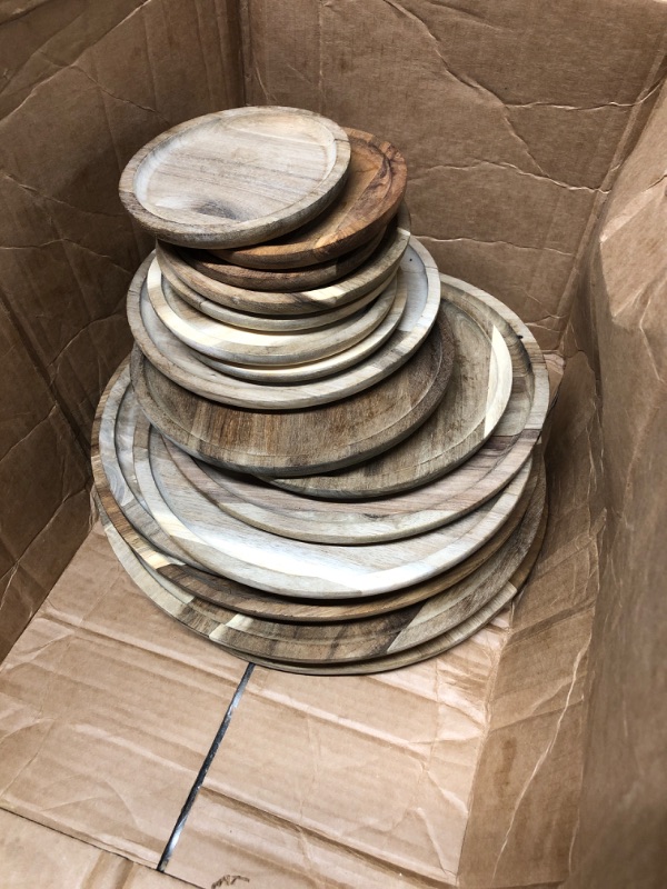 Photo 2 of **prev used***Set of 15 Acacia Wood Dinner Plates Round Wooden Charger Plates Lightweight Serving Food Trays for Dish Snack Salad Dessert, 6" 8" 10", 5 of Each Size, Housewarming Christmas Gifts