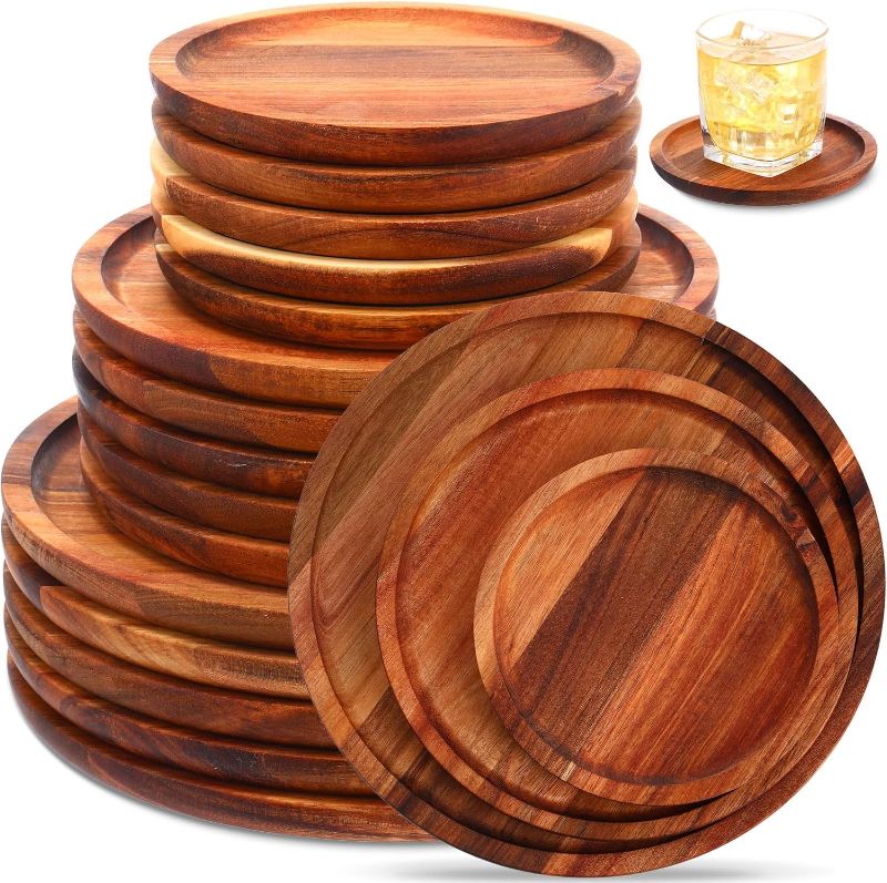 Photo 1 of **prev used***Set of 15 Acacia Wood Dinner Plates Round Wooden Charger Plates Lightweight Serving Food Trays for Dish Snack Salad Dessert, 6" 8" 10", 5 of Each Size, Housewarming Christmas Gifts