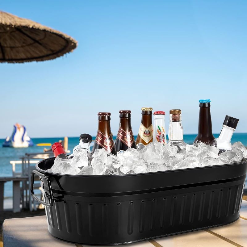 Photo 1 of **has dent ion side**5.3Gallons Galvanized Beverage Tub Galvanized Bucket Metal Ice and Drink Bucket with Handles Galvanized Tub for Parties Farmhouse Home Pool Bar(Black,