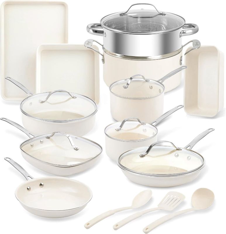 Photo 1 of Gotham Steel 20 Pc Ceramic Pots and Pans Set Non Stick, Kitchen Cookware Sets, Pot and Pan Set, Ceramic Cookware Set, Non Toxic Cookware Set, White Pots and Pan Set, Dishwasher Safe - Cream