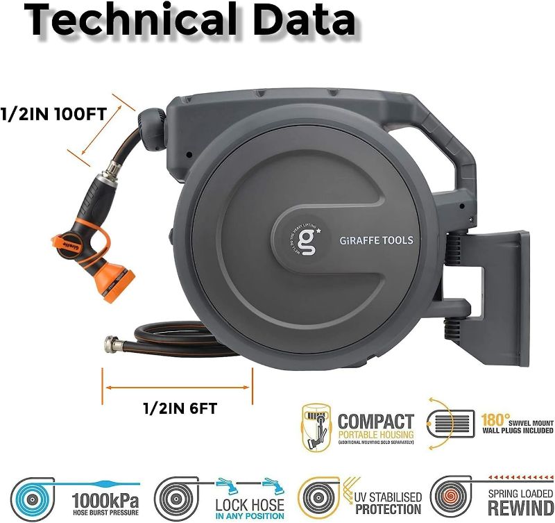 Photo 2 of (READ FULL POST) Giraffe Tools Retractable Garden Hose Reel 1/2 Inch x 130 ft, Super Heavy Duty, Any Length Lock, Slow Return System, Wall Mounted and 180 Deg Swivel Bracket 1/2 130FT Dark Grey