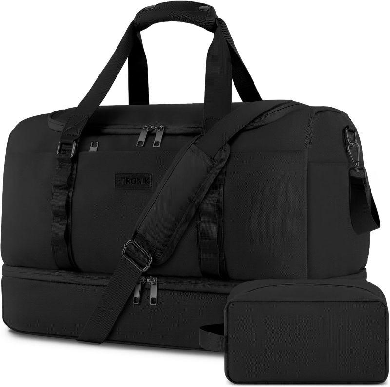 Photo 1 of ETRONIK Travel Bag for Men Women, Duffle Bag & Gym Bag with Shoe Compartment, Weekender Overnight Bag with Toiletry Bag, Carry on Bags for Airplane for Travel, Trip, Gym, Yoga, Black ** STOCK PHOTO ITEM SIMILAR**