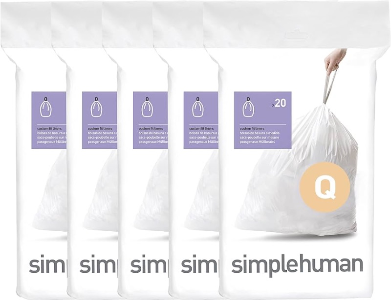 Photo 1 of simplehuman Code Q 100 Count, Genuine Custom Fit Liners, Drawstring Trash Bags in Dispenser Packs, 50-65 Liter / 13-17 Gallon, White