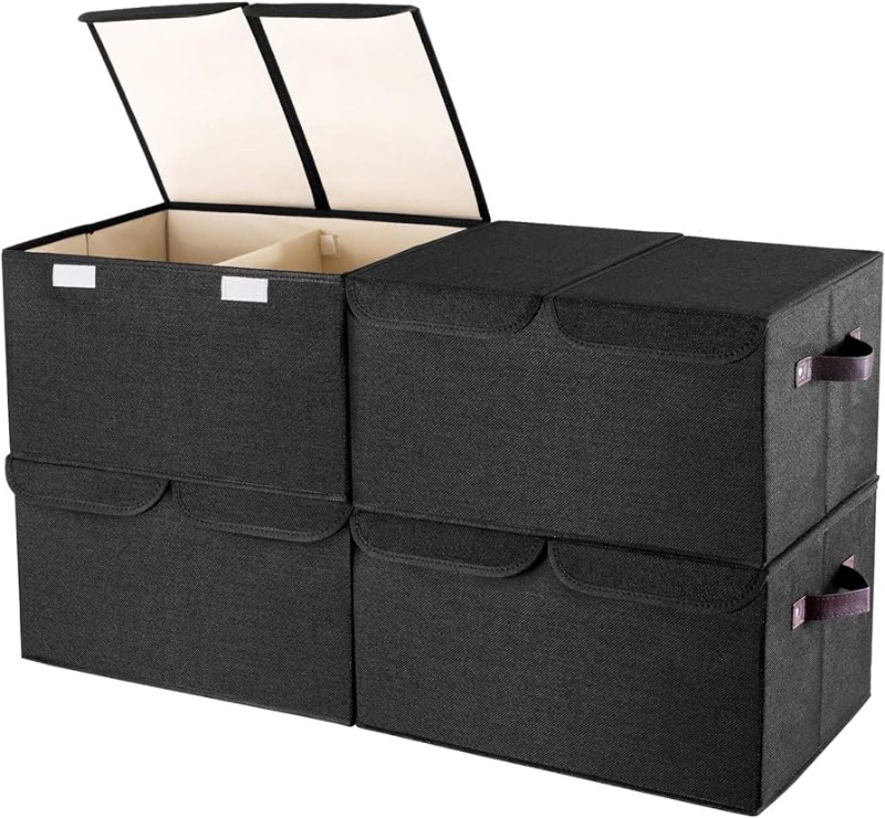 Photo 1 of Larger Storage Cubes [4-Pack] Senbowe 33 Quart Linen Fabric Foldable Collapsible Storage Cube Bin Organizer Basket with Lid, Handles, Removable Divider For Home, Nursery, Closet - (16.5 x 11.8 x 9.8”)