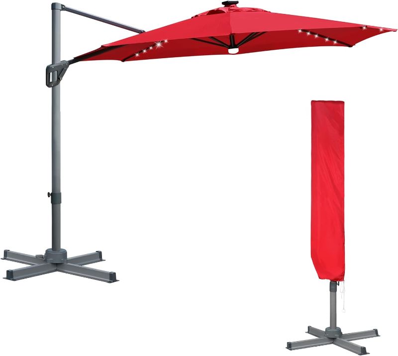 Photo 1 of **NON-REFUNDABLE, PARTS ONLY** Blissun 10ft Offset Umbrella with 36 Solar LED Lights, Hanging Lighted Patio Umbrella with 360° Rotation