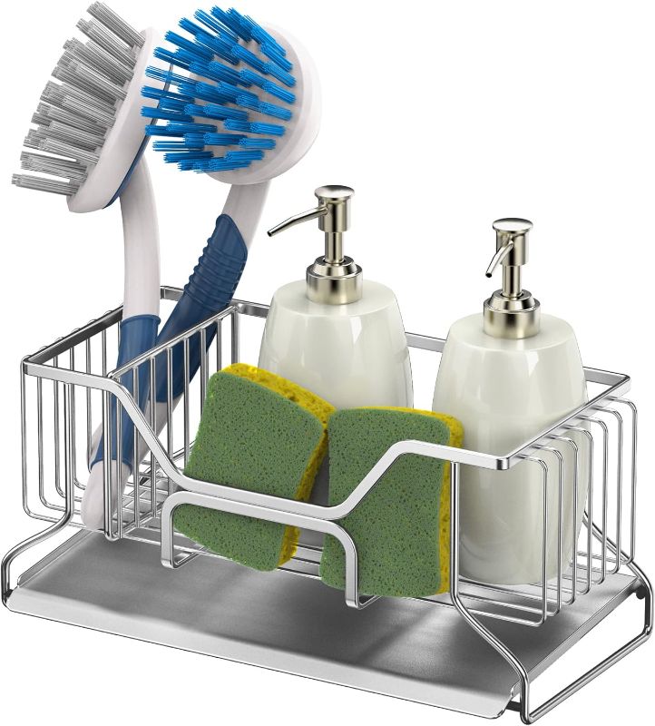 Photo 1 of ADDFIT HOUSE Kitchen Sink Caddy, Upgraded Sponge Holder for Kitchen Sink with Higher Dishcloth Holder, Rustproof 304 Stainless Steel Sink Caddy Organizer, Removable Brush Holder, Auto Drain Tray A.Silver-Medium