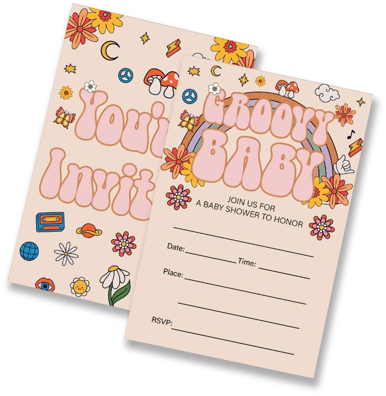 Photo 1 of **BUNDLE**No Returns**(2 packs) LOTHUY Groovy Retro Baby Shower Party Invitations-(20 Invitations and Envelopes)