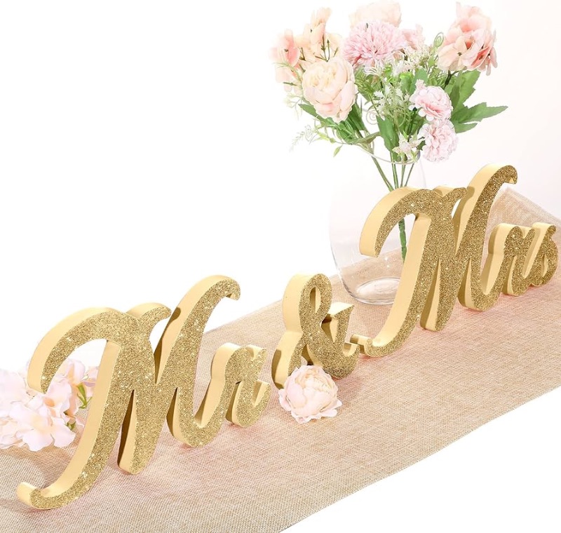 Photo 1 of 6 Inches Mr and Mrs Sign for Wedding Table Wooden Letter Glitter Sign Wedding Sweetheart Table Decorations for Wedding Party Anniversary (Gold)