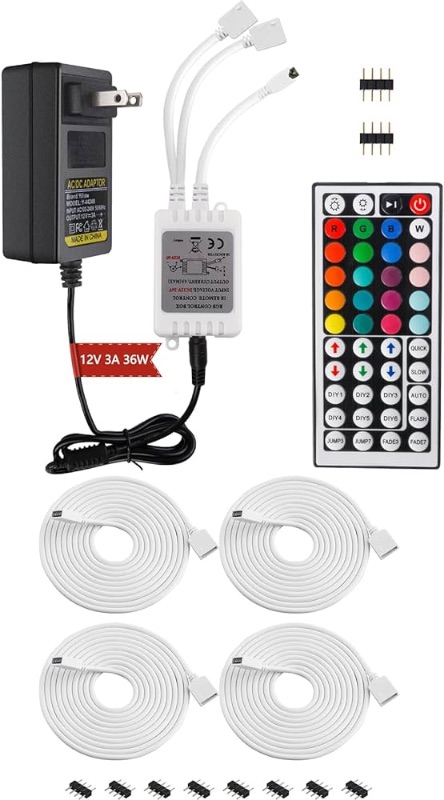 Photo 1 of Yiliaw 44 Keys IR Remote Controller Kit - Includes Wireless Rectifier Control Box and DC 12V 3A Power Supply Adapter + 4 Pack 2M 6.56ft RGB Extension Cable LED Strip Connector