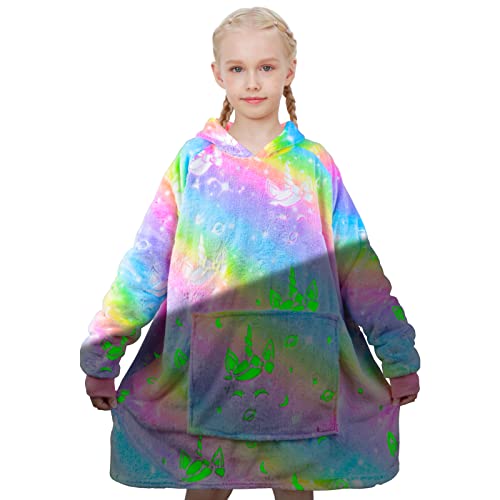 Photo 1 of Glow in The Dark Unicorn Wearable Blanket Sweatshirt for Kids, Comfy Unicorn Blanket Hoodie