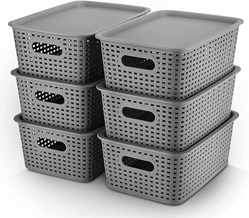 Photo 1 of Plastic Storage Bins with Lids Handle Organizer Lidded Knit Bins Storage Containers Baskets for Shelves Drawers Desktop Closet Playroom Classroom Office 10.43 x 7.09 x 4.33 Inches, Black (16 Pcs)