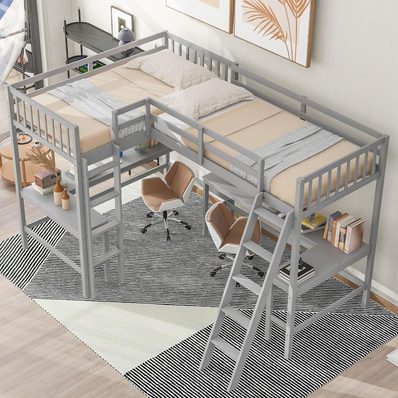 Photo 1 of **BOX 2 OF 3 ONLY** NON-REFUNDABLE**Merax Wood Twin Size L-Shaped Loft Bed with Ladder and 2 Built-in L-Shaped Desks,2 Beds in 1 for Dormitory,No Box Spring Required,Gray
