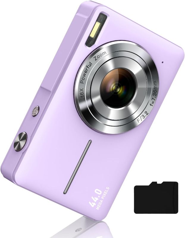 Photo 2 of Digital Camera, FHD 1080P Kids Camera 44MP Point and Shoot Digital Cameras with 32GB Memory Card, 16X Zoom, Two Batteries, Lanyard, Compact Small Camera Gift for Kids Boys Girls Students, Purple