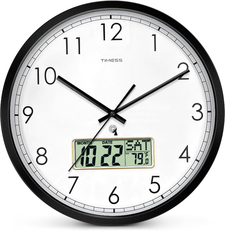 Photo 1 of (NON-REFUNDABLE) Atomic Analog Wall Clock, WWVB Self-Setting Battery Operated 14" Large Dial Non-Ticking Silent Easy to Read & Use Clock with LCD Display, Ideal Modern Home, Kitchen, Office Décor (Black)