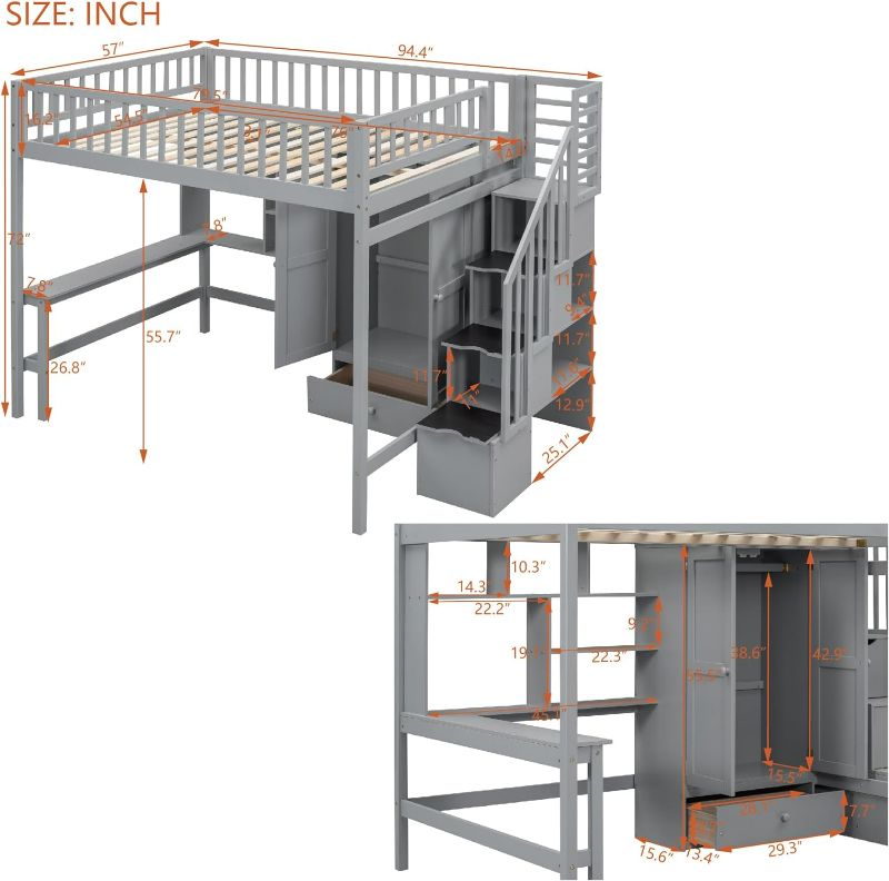 Photo 4 of (NON-REFUNDABLE) Full Loft Beds Stairway Loft Bed Frame with Wardrobe, Desk, Bookcase and Drawers, Gray Grey Full Loft Beds w/Wardrobe COMES WITH  (Box 1 of 3) 