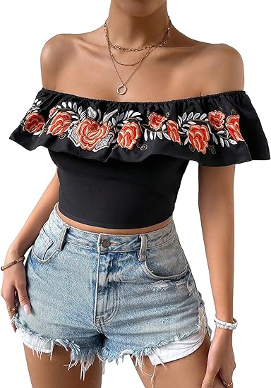 Photo 1 of SOLY HUX Women's Floral Embroidery Ruffle Off Shoulder Short Sleeve Crop Top Blouse Medium