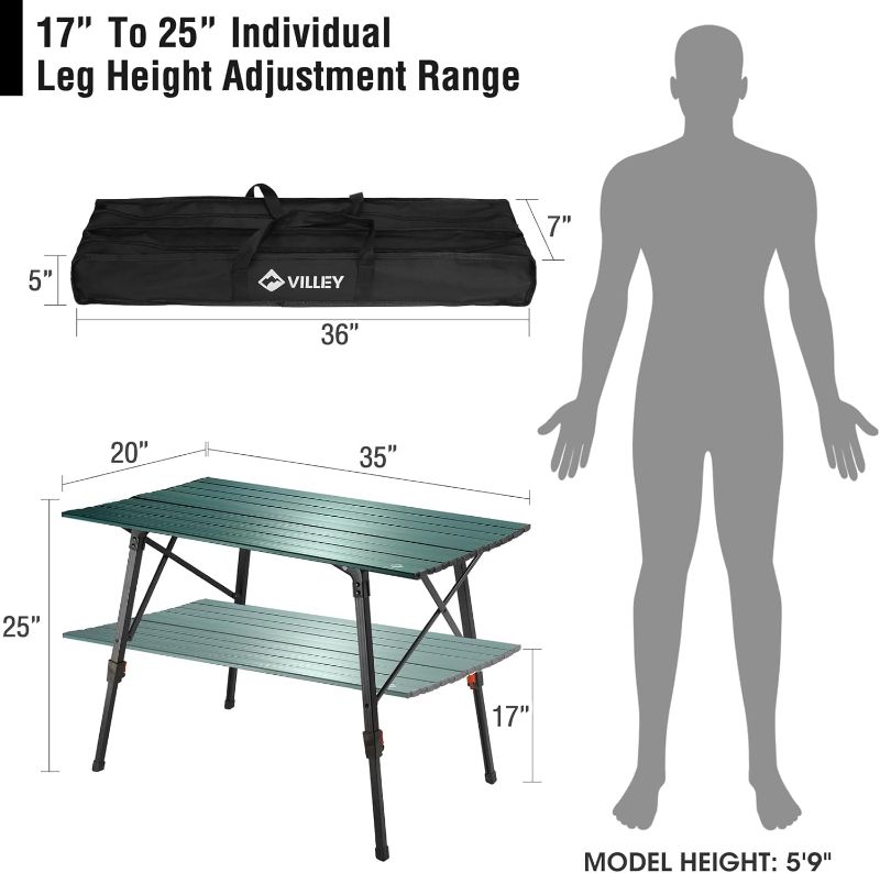 Photo 5 of (NON-REFUNDABLE) VILLEY Portable Camping Table with Adjustable Legs, Lightweight Aluminum Folding Beach Table with Carrying Bag for Outdoor Cooking, Picnic, Beach, Backyards, BBQ and Party
