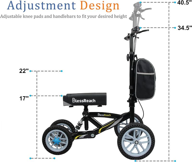 Photo 5 of (NON-REFUNDABLE) BlessReach Knee Scooter, All Terrain Foldable Knee Scooter Walker, Disc Brake Knee Walker for Foot Injuries Compact Crutches Alternative (Black)