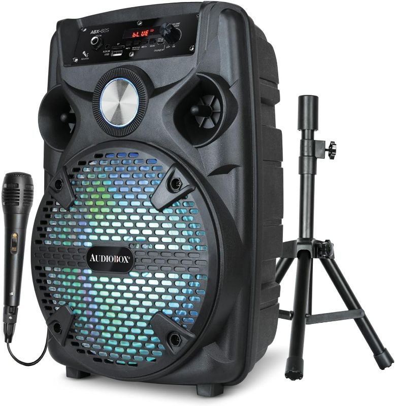 Photo 1 of (READ FULL POST) AUDIOBOX ABX-82S Portable 8" PA Speaker with Stand, WaveSync™ Technology, Bluetooth, LED Lights, 1100W - Includes Microphone & USB Cable
