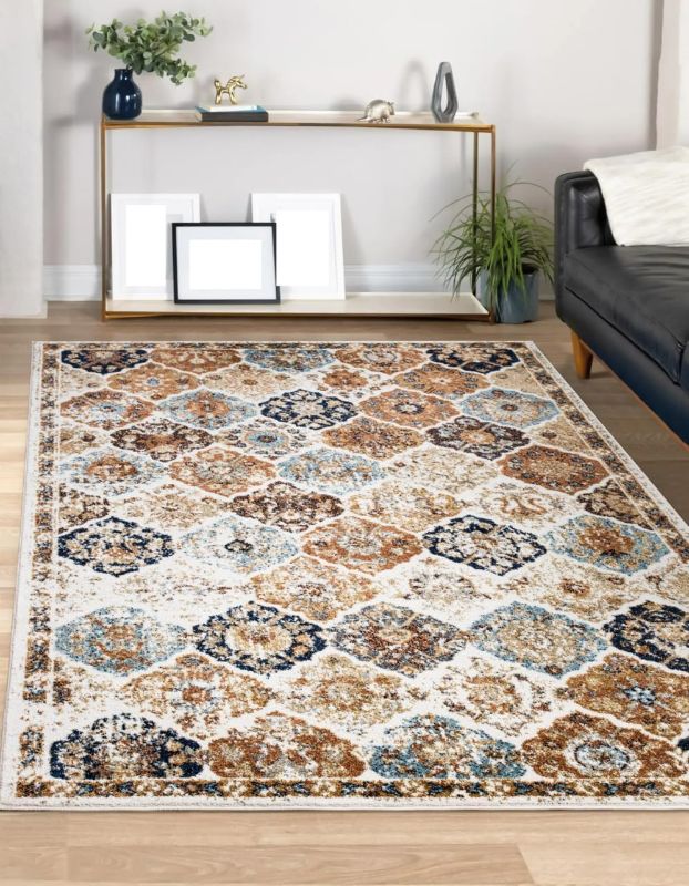 Photo 1 of (Similar to Stock Photo) Keen Home Design Area Rugs - Non-Shedding, Thick Pile Abstract Rugs for Kitchen, Living Room, Bedroom, Dining Room, Entryway (Path Beige/Cream/Blue, 5'3'' x 7'7'')
