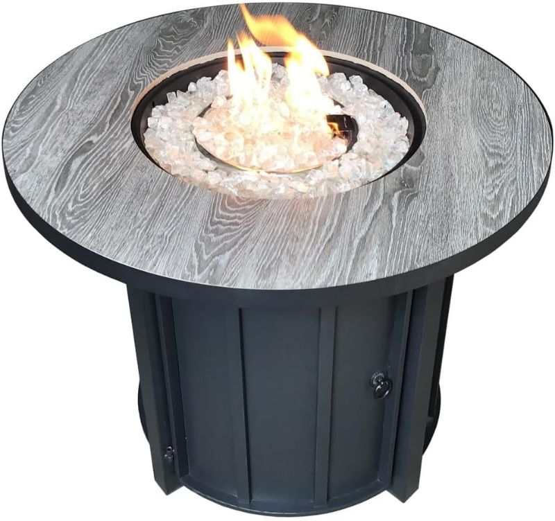 Photo 1 of  Faux Wood Top 40,000 BTU Round Propane Fire Pit, Gray, Black