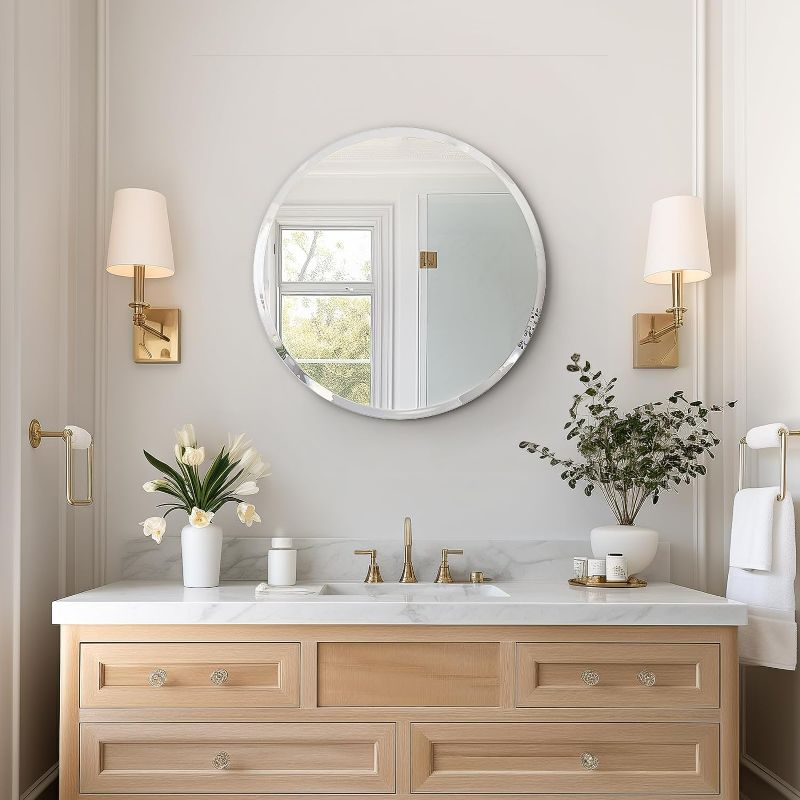 Photo 1 of USHOWER 24" Round Frameless Bathroom Mirror for Over Sink with Beveled Edge - Circle Wall Mirror for Bathroom & Vanity, Elegant & Simple Look