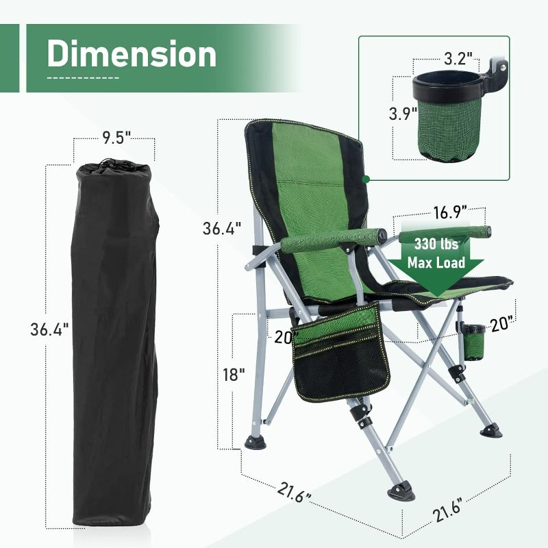 Photo 3 of (READ FULL POST) Folding Camping Chair Portable Outdoor Beach Chair, Heavy Duty Foldable Lawn chair Support 330lbs, Collapsible Lightweight Camp Chair with Cup Holder&Carry Bag for Fishing Outside Sports Picnic(Green)
