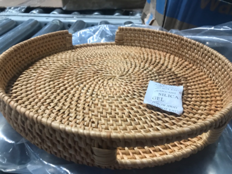 Photo 2 of **HANDLE IS MISSING** Rattan Round Serving Tray, Hand Woven Serving Basket with Cut - Out Handles, Wicker Fruit/Bread Serving Basket, 11.8 inch