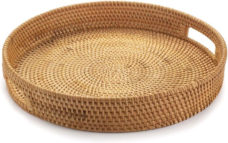 Photo 1 of **HANDLE IS MISSING** Rattan Round Serving Tray, Hand Woven Serving Basket with Cut - Out Handles, Wicker Fruit/Bread Serving Basket, 11.8 inch