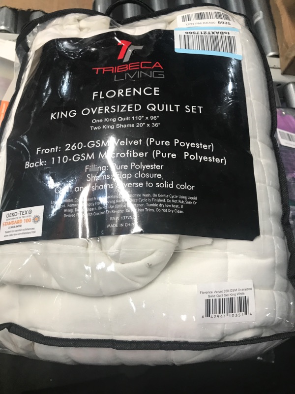 Photo 2 of (OFF WHITE COLOR) Tribeca Living Velvet King Quilt Set, Three-Piece Box Stitch Bedding Set Includes One Oversized Quilt & Two Sham Pillowcases, 260GSM Super Soft Velvet, Florence/White King White