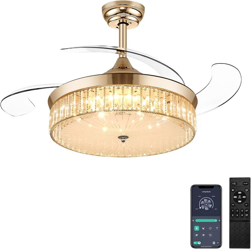 Photo 1 of **STOCK IMAGE IS A REFERENCE ONLY**  **Parts only** Retractable Ceiling Fan with Lights Remote, Crystal Chandelier Ceiling Fan, Dimmable Fandelier Ceiling Fan for Bedroom Living Room Indoor (Gold)