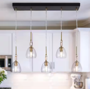 Photo 1 of **NOT EXACT SAME AS STOCK PHOTO // SEE NOTES** Modern 5-Light Black and Brass Linear Chandelier for Kitchen Island with Bell Glass Shades and No Bulbs Included
