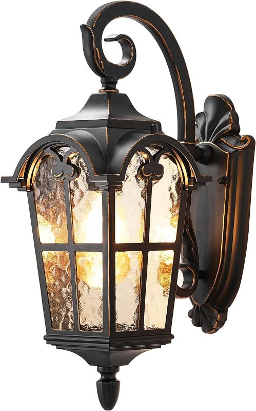 Photo 1 of DEWENWILS Outdoor Wall Light Fixtures Wall Mount, Black Roman 17.7" H Exterior Wall Lantern, Anti-Rust & Waterproof, Water Ripple Glass, Outside Wall Sconce Porch Light for House, Garage
