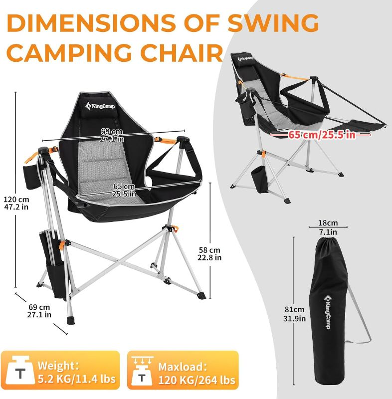 Photo 3 of (NON-REFUNDABLE) KingCamp Hammock Camping Chair, Aluminum Alloy Adjustable Back Swing Chair Hold Up to 300lbs, Folding Rocking Chair with Removable Footrest Pillow Cup Holder for Adults Outdoor Travel Beach Lawn