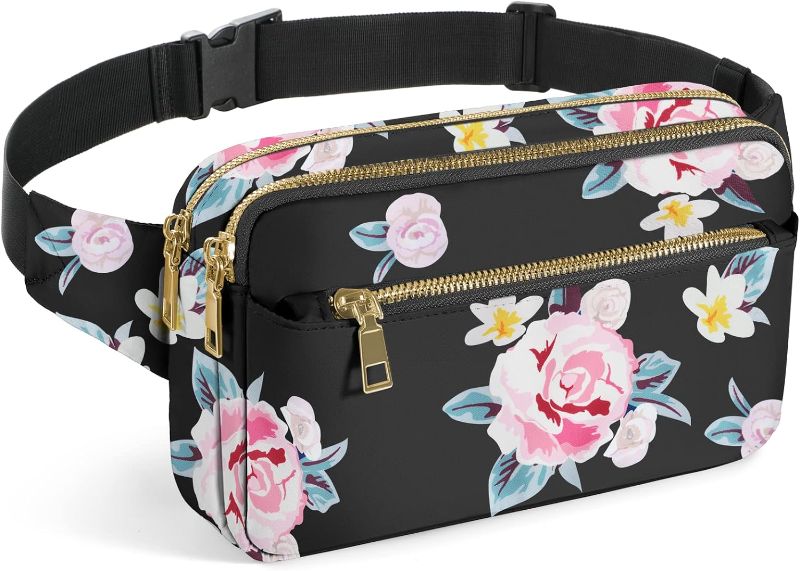 Photo 1 of Fanny Packs for Women & Men, Fashion Waist Bag Hip Bum Bag with Multi-Pockets Large Capacity Cute Fanny Pack Casual Bum Bag for Disney Traveling Shopping Casual Cycling Running (Black Flower)