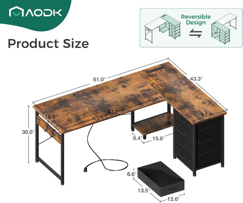 Photo 4 of (NON-REFUNDABLE) Unikito L Shaped Computer Desk with Magic Power Outlets and USB Charging Ports, Sturdy Reversible Corner Desk with Storage Shelves, Durable Work Desk for Home Office, Easy to Assemble, Rustic Brown Desk Rustic Brown