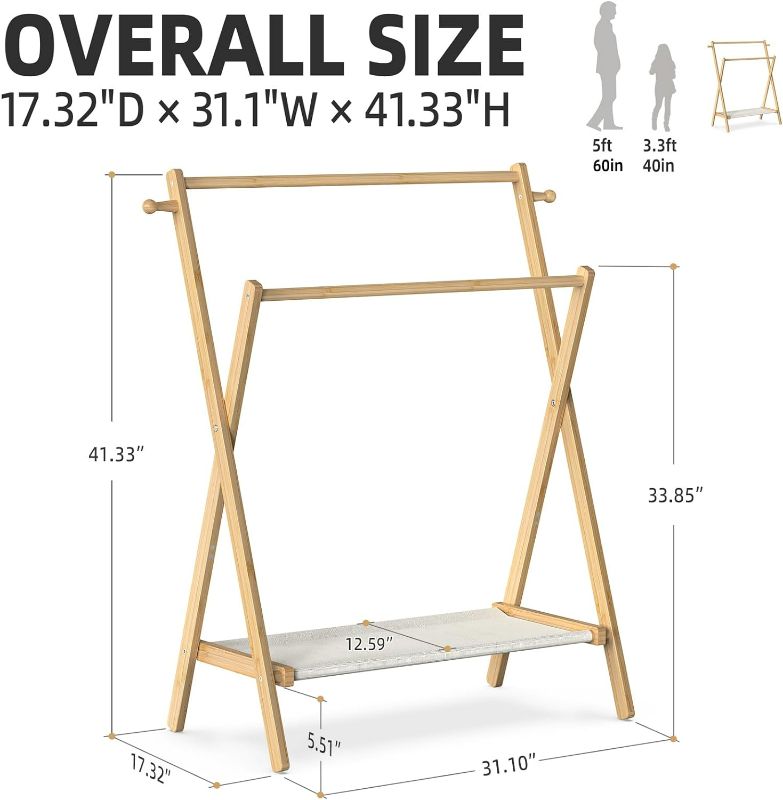 Photo 3 of (NON-REFUNDABLE) Kids Clothing Rack, Small Clothes Rack for Toddler Pets, Kids Dress Up Rack with Storage Shelf & Double Rods, Foldable Kids Clothes Rack for Nursery Child's Room, 100% Natural Bamboo
