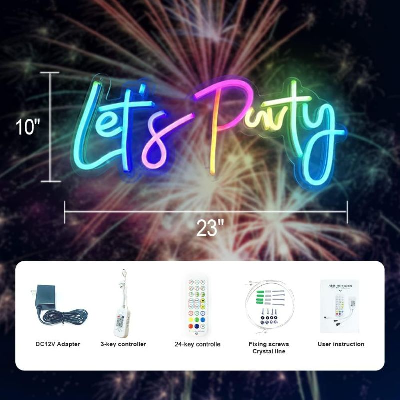 Photo 3 of (NON-REFUNDABLE) JXIN Colorful Lets Party Neon Sign for Wall Decor, Let's Party Sign for Birthday Wedding Party, Color Changing ?Light with Remote, Music Sync, Timing & APP Control, Cool Gifts for Loved Ones, 23"x10 Lets Party Neon Sign Colorful