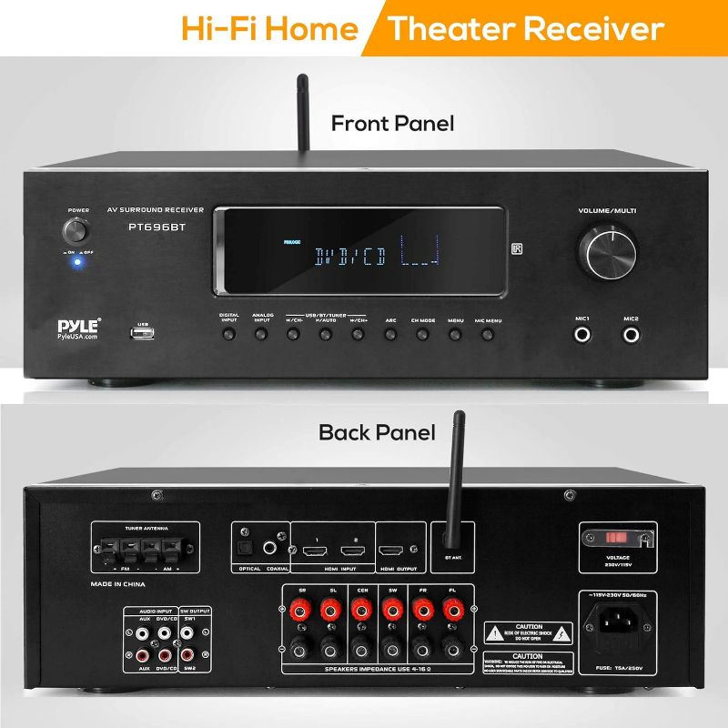 Photo 5 of (NON-REFUNDABLE) 1000W Bluetooth Home Theater Receiver - 5.2 Channel Surround Sound Stereo Amplifier System with 4K Ultra HD, 3D Video & Blu-Ray Video Pass-Through Supports, HDMI/MP3/USB/AM/FM Radio - Pyle, Black