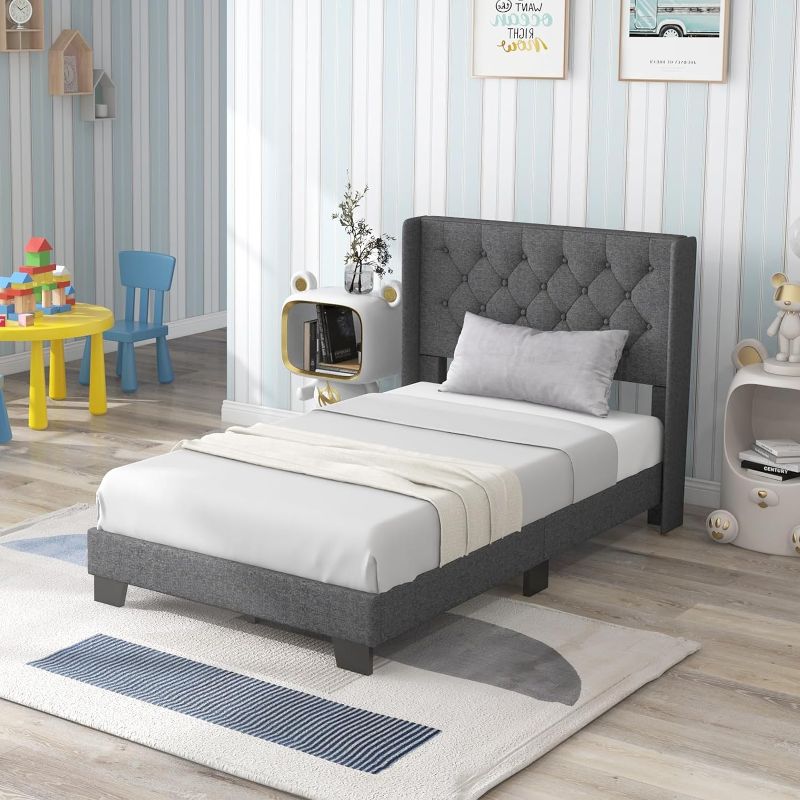 Photo 1 of (Similar to stock photo)  Twin Bed Frame with Button Tufted Headboard, Modern Fabric Upholstered Platform Bed with Wingback Design, Solid Wooden Slats Support Mattress Foundation, No Box Spring Needed, Grey
