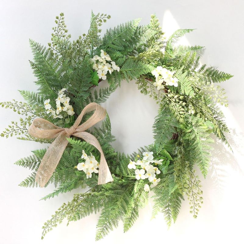 Photo 1 of (READ FULL POST) Feidet 20 Inches Artificial Fern Wreath, Spring Summer Wreaths for Front Door with White Flowers, Green Wreath for All Seasons Door Wall Window Festival Farmhouse Decor
