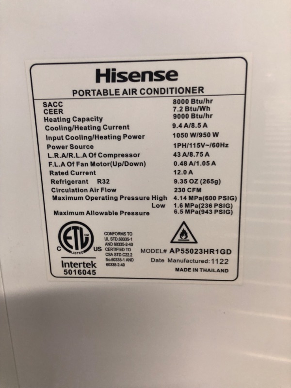 Photo 3 of 
Hisense 8000-BTU DOE (115-Volt) White Vented Wi-Fi enabled Portable Air Conditioner with Remote Cools 350-sq ft