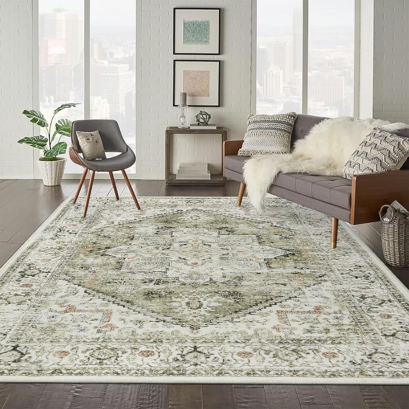 Photo 1 of (READ FULL POST) LIVEBOX Washable Area Rug 8x10 - Large Vintage Tribal Living Room Rug Oriental Rug for Bedroom, Non-Slip Retro Medallion Carpet Print Distressed Rug for Dining Room Guest Room Office Sage
