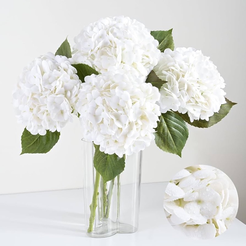 Photo 1 of (VASE NOT INCLUDED) Artflower 4Pcs Real Touch Hydrangea Artificial Flowers, 22.5'' White Full Latex Faux Hydrangea Flowers for Home Floral Arrangements Wedding Bouquets Kitchen Table Centerpiece Decorations