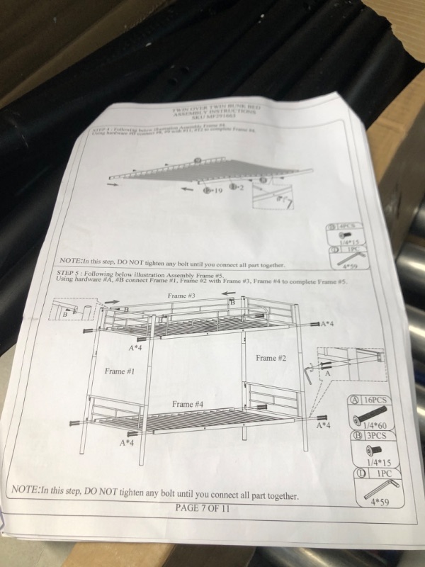 Photo 4 of **MISSING SCREWS**  Heavy-Duty Twin Over Twin Metal Bunk Bed with Built-in Ladders, Safety Guardrails, No Box Spring Needed, Slatted Support, Shelf, Noise-Free, Black  