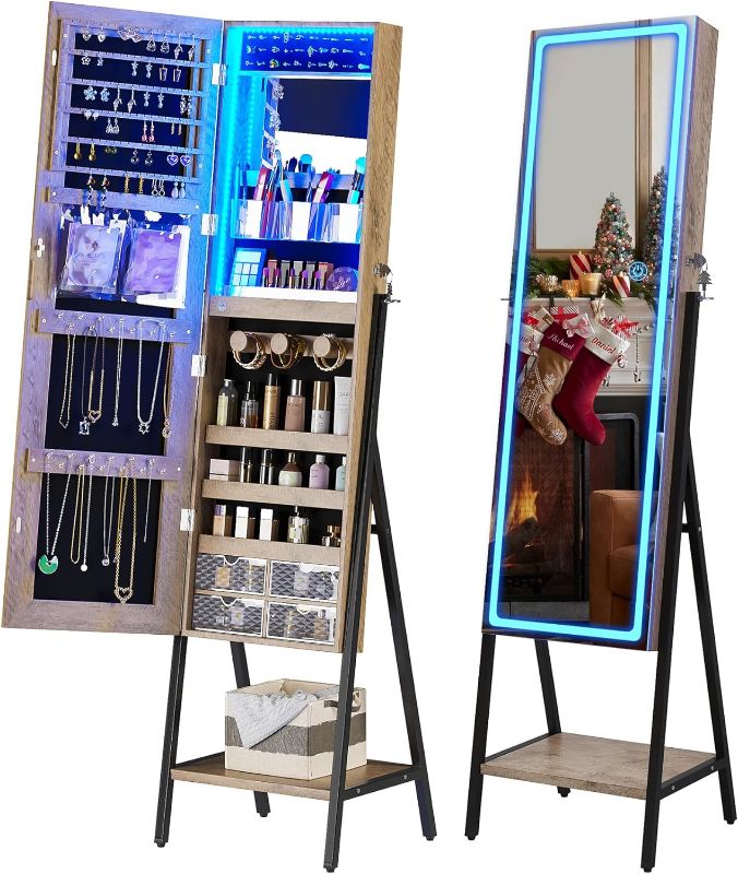Photo 1 of ****NON REFUNDABLE NO RETURNS SOLD AS IS***PARTS ONLY**READ**
LED Jewelry Cabinet with 3 Color Lights, 63" H Full Length Mirror with Jewelry Storage, Standing Jewelry Armoire with Door Mirror, Jewelry Boxes & Organizers for Christmas Gift (Wood
