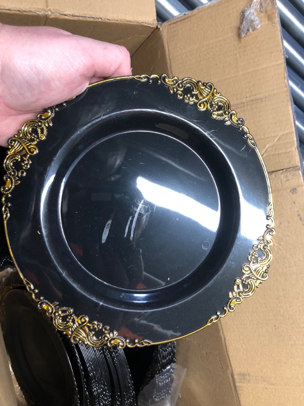 Photo 1 of 102PCS Black and Gold Plastic Plates - Black Disposable Plastic Plates Include 51PCS 7.5inch Dessert Plates, 51PCS 10.25inch Dinner Plates Perfect for Weddings & Parties