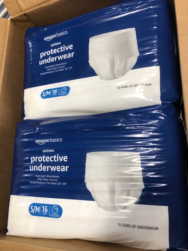 Photo 1 of *2 PACK* SIZE SMALL/MEDIUM-32 TOTAL COUNT
Amazon Basics Incontinence Underwear for Men and Women, Overnight Absorbency, Large, 14 Count, White (Previously Solimo)