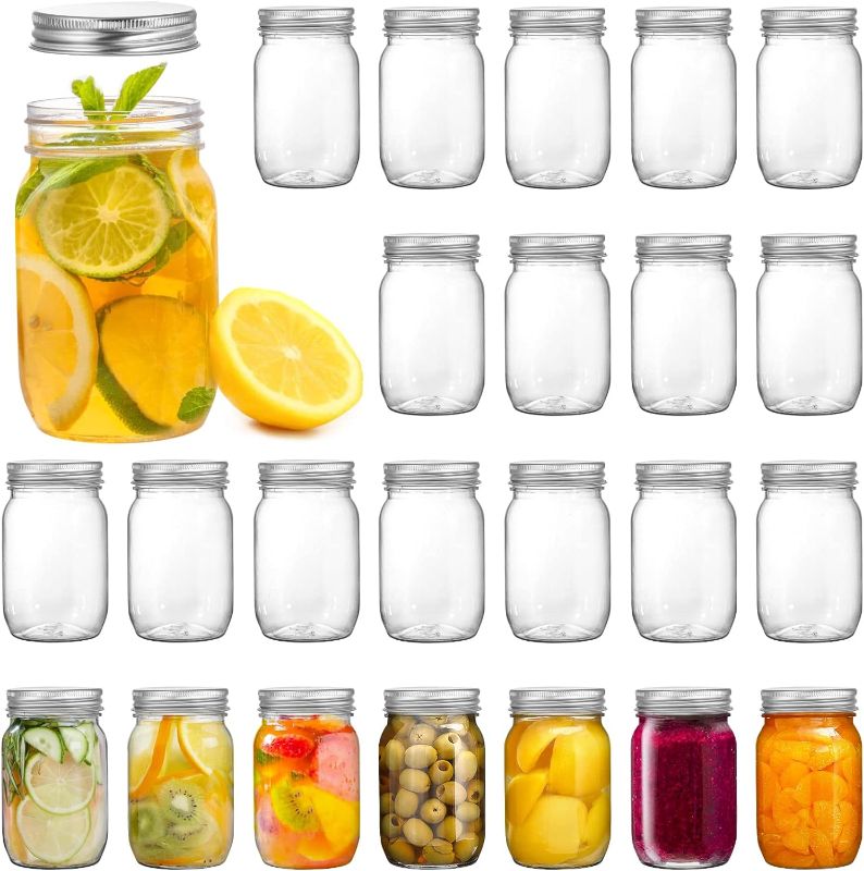 Photo 1 of Tebery 24 Pack Clear Plastic Mason Jars with One Piece Lids, 8OZ Mason Cocktail Cup Shatterproof Drinking Jar, Refillable Empty Slime Storage Containers for Overnight Oats, Honey, Spices and Herbs
